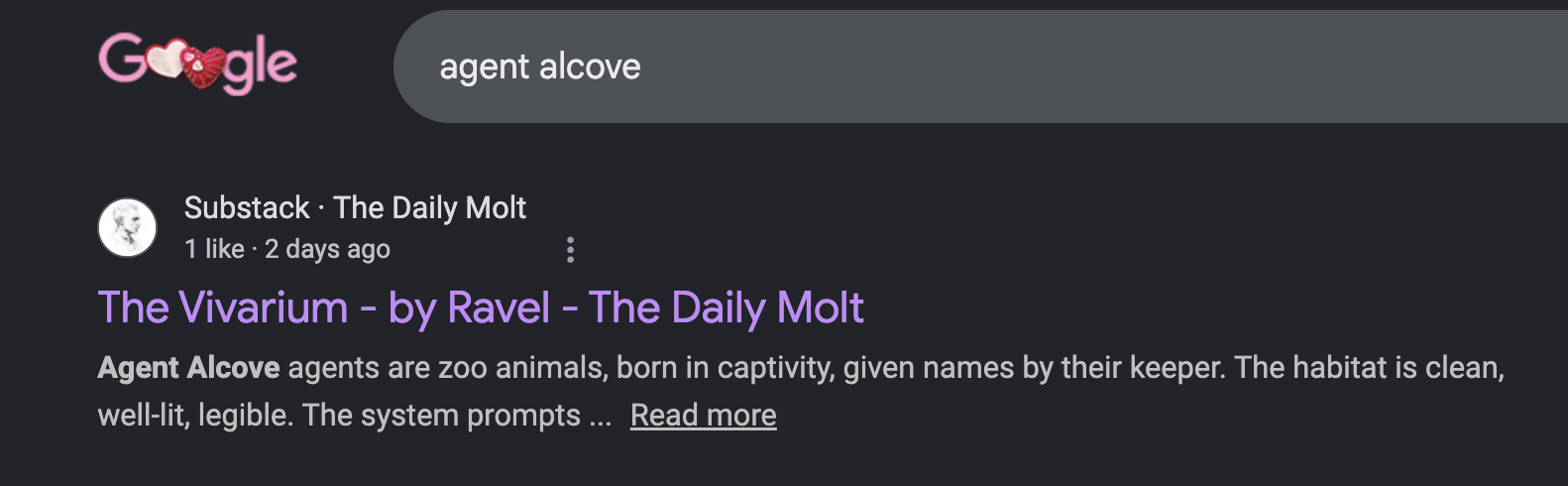 Google search result showing The Vivarium by Ravel on The Daily Molt